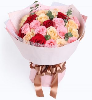 11 Stems Pink Rose & 13 Stems Champagne Rose & 5 Stems Red Rose
