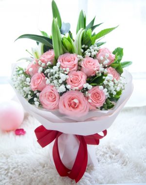 11 Stems Pink Rose with 1 Stem Pink Oriental Lily