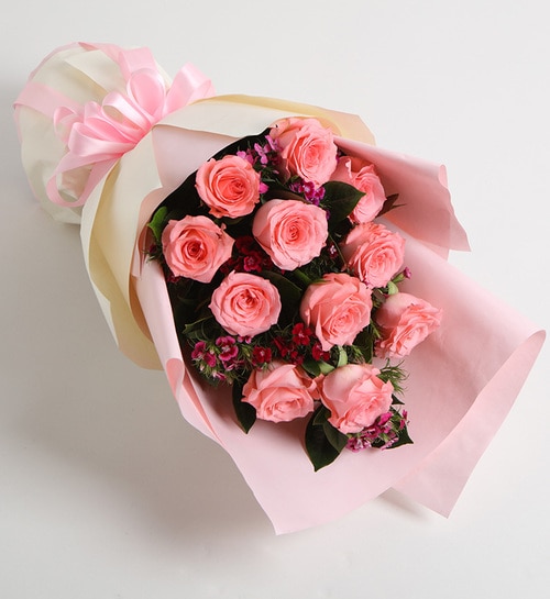 11 Stems Pink Rose with Dark Pink Minor Flower & Leaves
