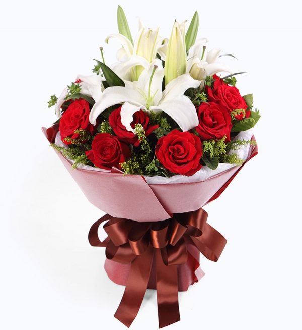 11 Stems Red Rose with 2 Stems White Oriental Lily