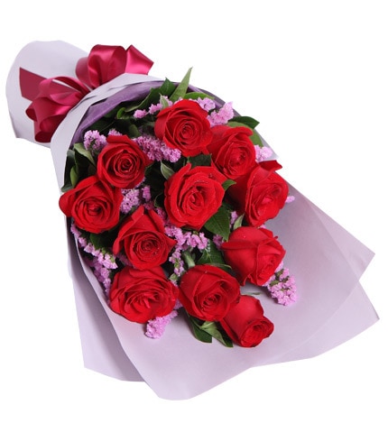 11 Stems Red Rose with Some Light Purple Statice