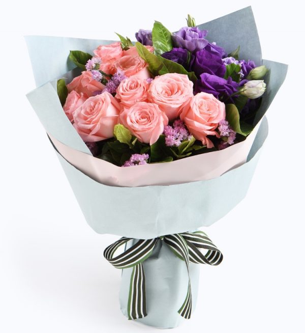 12 Stems Pink Rose & 5 Pink Lisianthus & 3 Stems Pink Statice with Leaves