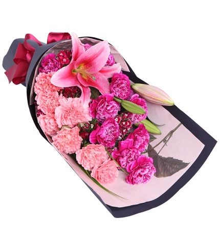 12 Stems Purple-red Carnation & 7 Stems Pink Carnation & 1 Stem Pink Oriental Lily with Leaves