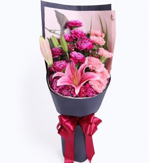 12 Stems Purple-red Carnation & 7 Stems Pink Carnation & 1 Stem Pink Oriental Lily with Leaves