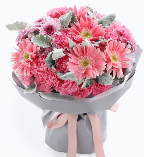 19 Stems Carnation & 5 Stems Pink Gerbra & 3 Pink Chrysanthemum with Leaves