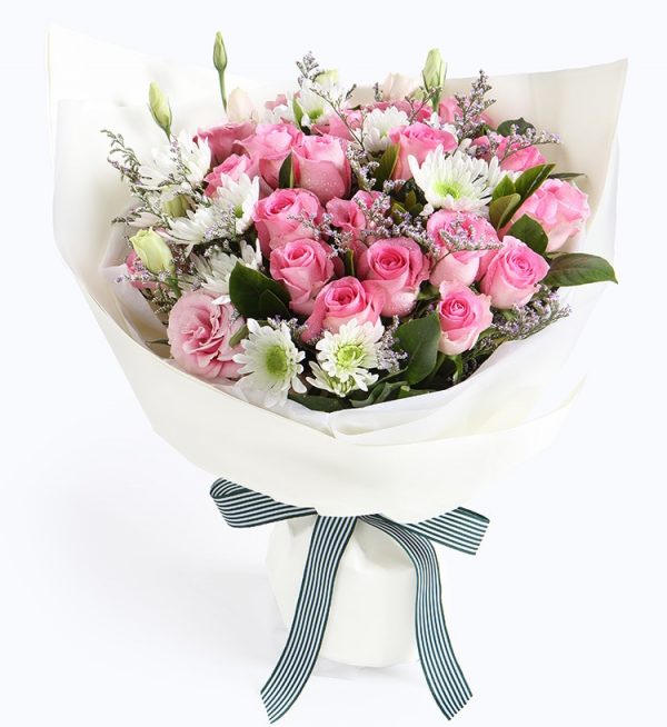 19 Stems Pink Rose & 2 Stems Pink Lisianthus & 4 Stems White Chrysanthemum with Limonium