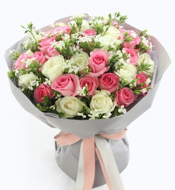 20 Stems Pink Rose & 13 Stems White Rose with White Acacia