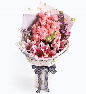 33 Stems Pink Rose & 3 Pink Oriental Lily with Light Purple Statice