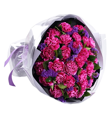 33 Stems Purple-red Carnation & Dark Purple Statice with Leaves