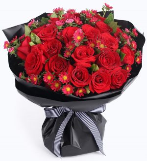 33 Stems Red Rose & 7 Stems Red Chrysanthusmum with Leaves