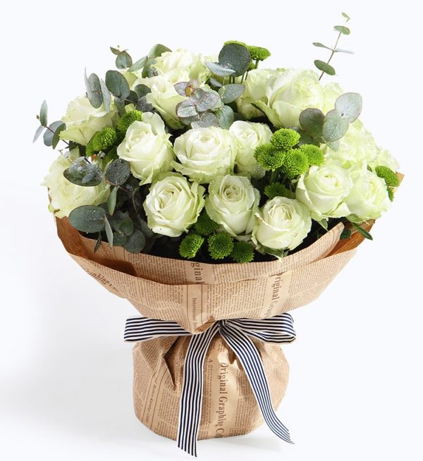 33 Stems White Rose & 10 Stems Green Chrysanthemum with Leaves