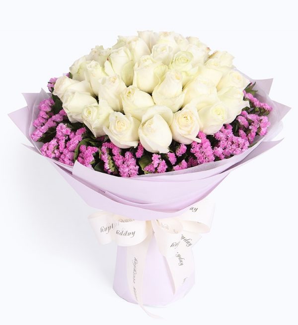 33 Stems White Rose with Light Purple Statice