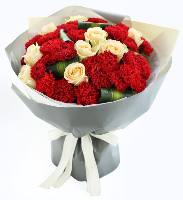 33红色康乃馨9枝香槟玫瑰配巴西叶/和煦的爱