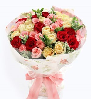 50 Stems (11 Stems Red Rose & 19 Stems Champagne Rose & 20 Stems Pink Rose) with Leaves