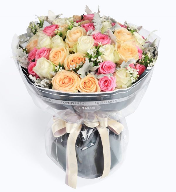 50 Stems (15 Stems Champagne Rose & 18 Stems Pink Rose & 17 Stems White Rose) with Silver Leaf & Acacia