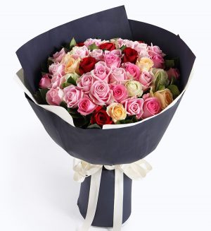 50 Stems (32 Stems Pink Rose & 6 Stems White Rose & 6 Stems Champagne Rose & 6 Stems Red Rose)with Leaves