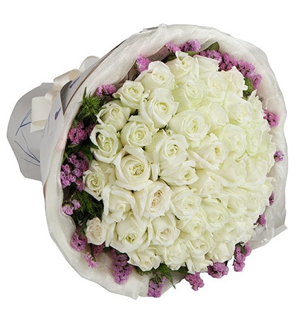 50 Stems White Rose with Light Purple Statice & Leaves
