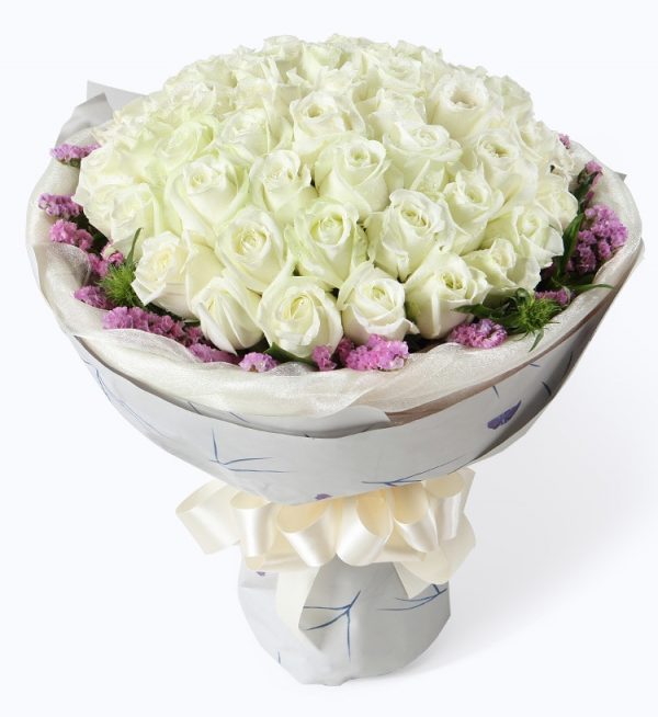 50 Stems White Rose with Light Purple Statice & Leaves