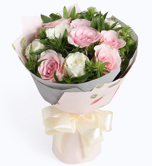 6 Stems Pink Rose & 6 Stems White Rose with Leaves