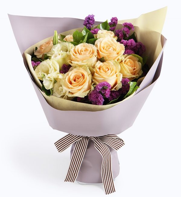 9 Stems Champagne Rose with Light Purple Statice