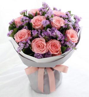 9 Stems Pink Rose with Light Purple Statice
