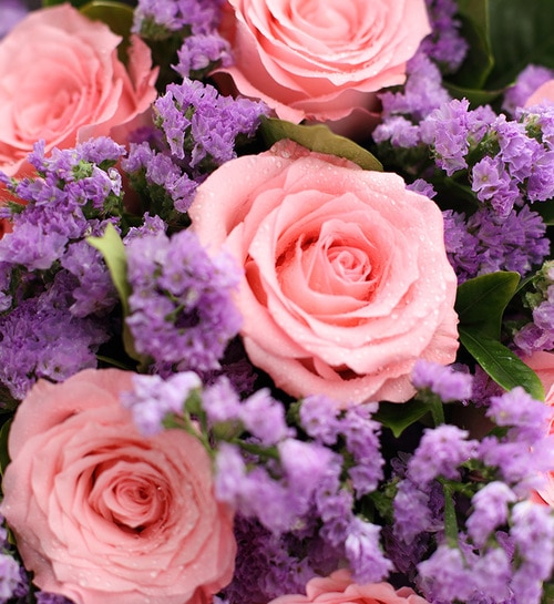 9 Stems Pink Rose with Light Purple Statice