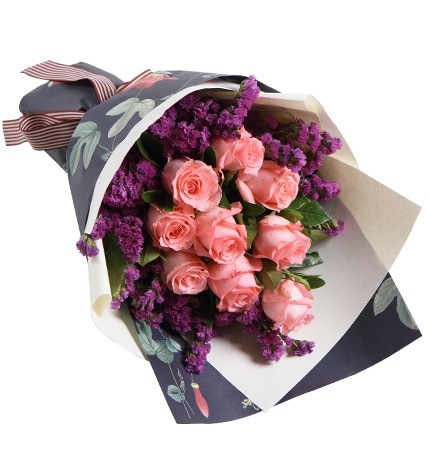 9 Stems Pink Rose with Purple Statice & Leaves