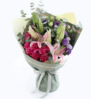 9 Stems Purple Carnation & 2 Stems Pink Oriental Lily & 4 Stems purple Lisianthus