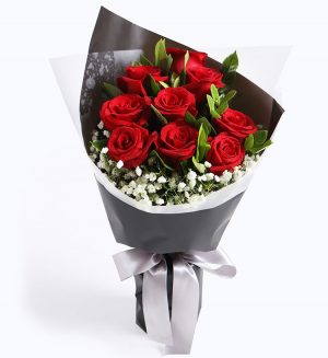 9 Stems Red Rose with Babysbreath & Leaves