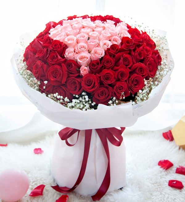 99 Stems (33 Stems Pink Rose & 66 Stems Red Rose)with Babysbreath