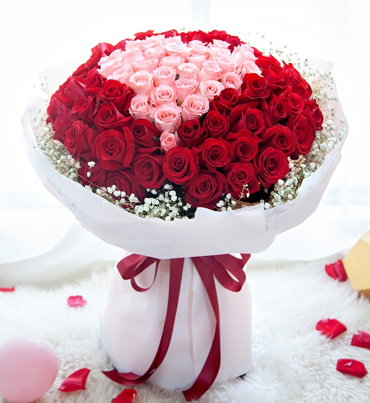 99 Stems (33 Stems Pink Rose & 66 Stems Red Rose)with Babysbreath